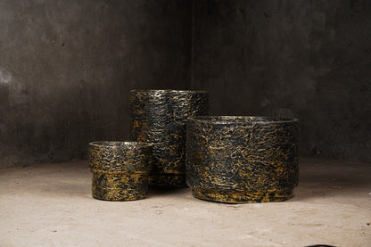 Angistri Planter Set Of 3 - Black Textured Planter With Gold Foil